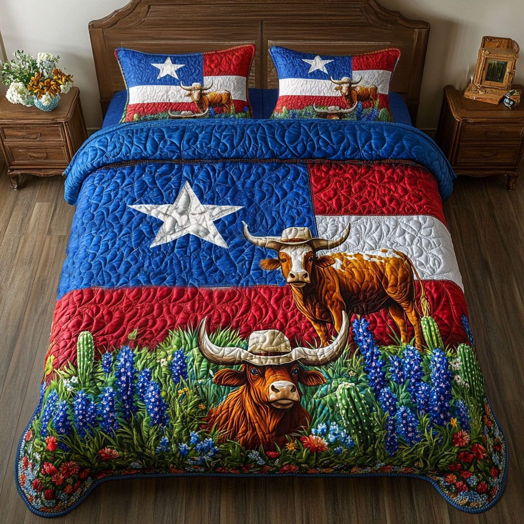 Western Bloom quilted 3-piece bedding set on a made bed in a rustic timber bedroom