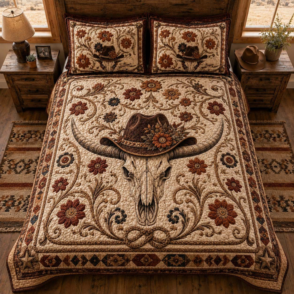 Western Bloom Skull quilted 3-piece bedding set on a made bed against a dark styled interior