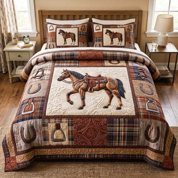 Western Caramel quilted 3-piece bedding set on a made bed in a rustic timber bedroom