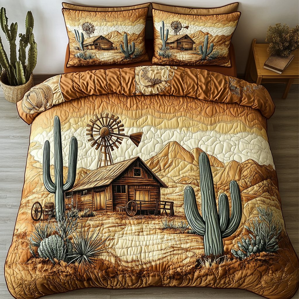 Western Charm quilted 3-piece bedding set on a made bed in a rustic timber bedroom