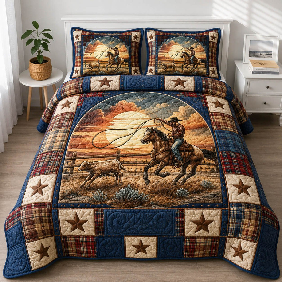 Western Cowboy quilted 3-piece bedding set on a made bed in a rustic timber bedroom