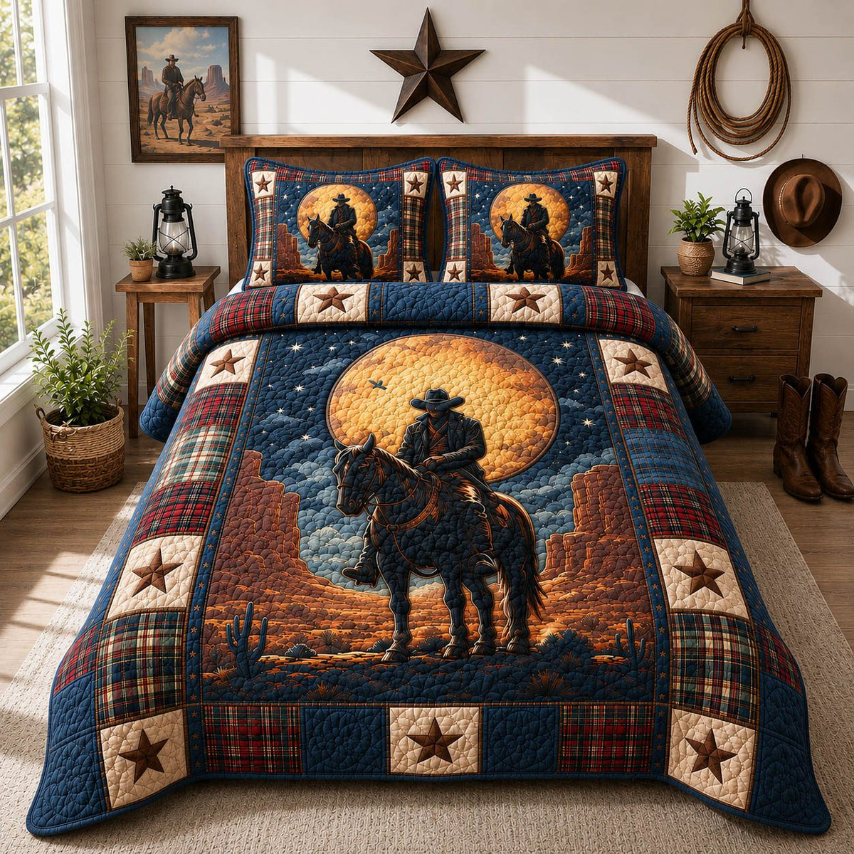 Western Cowboy quilted 3-piece bedding set on a made bed in a rustic timber bedroom