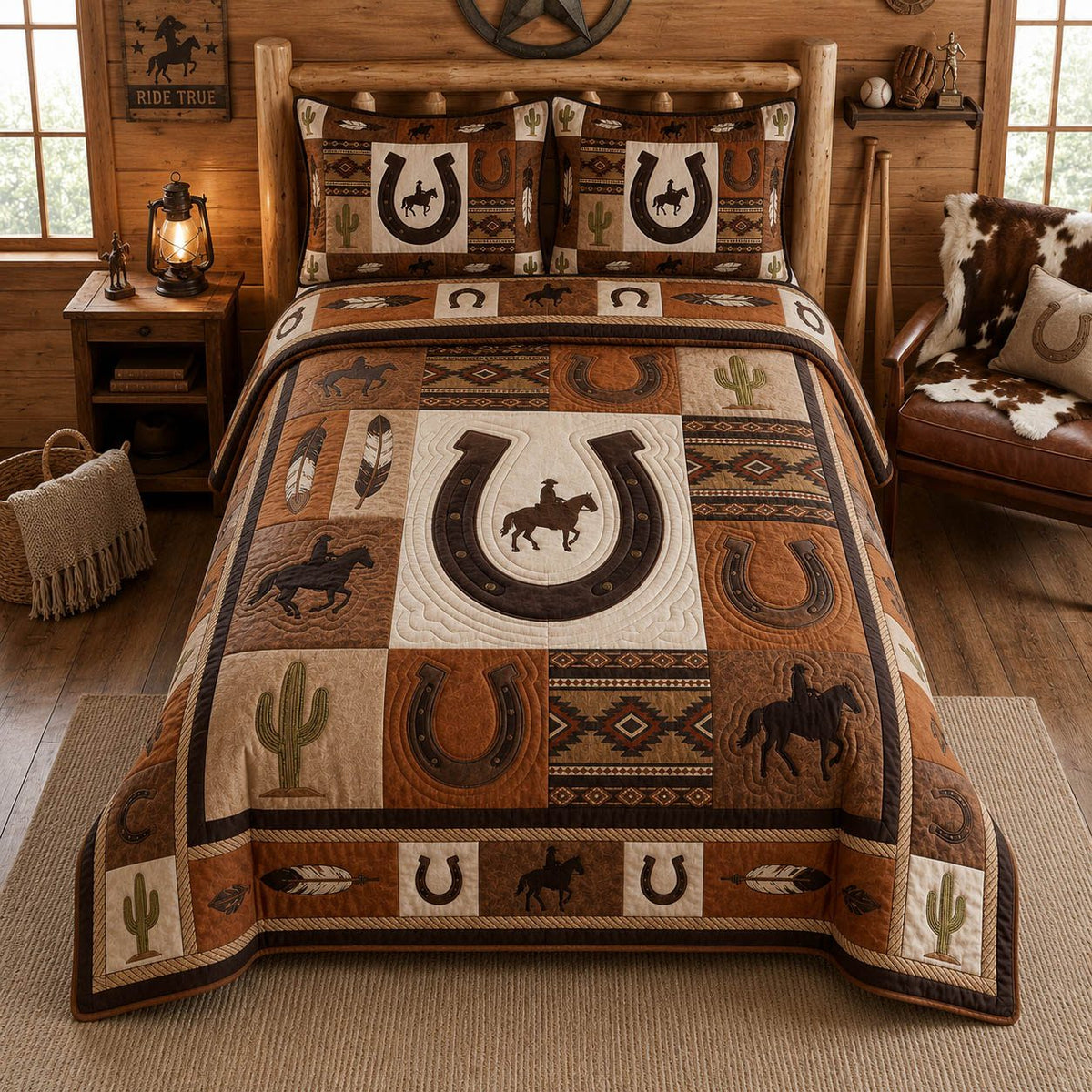 Western Cowboy quilted 3-piece bedding set on a made bed in a rustic timber bedroom