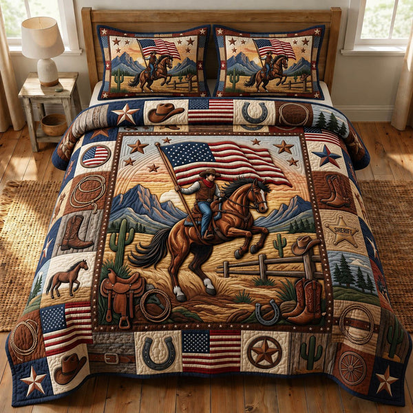 Western Cowboy quilted 3-piece bedding set on a made bed in a rustic timber bedroom