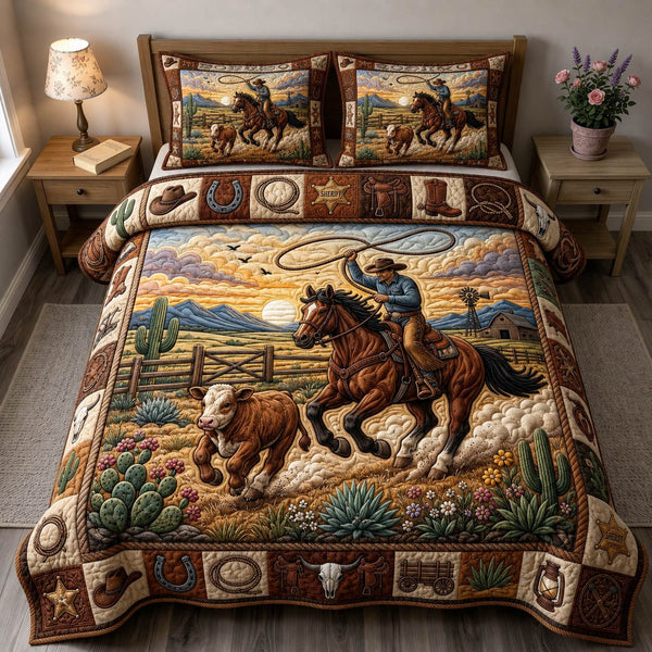 Western Cowboy quilted 3-piece bedding set on a made bed in a rustic timber bedroom