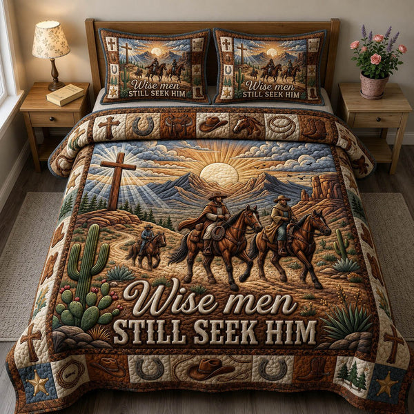 Western Cowboy quilted 3-piece bedding set on a made bed in a rustic timber bedroom