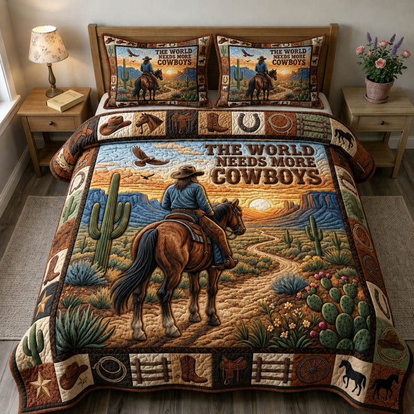 Western Cowboy quilted 3-piece bedding set on a made bed in a rustic timber bedroom