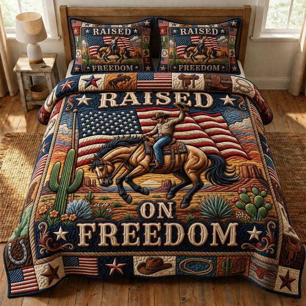 Western Cowboy quilted 3-piece bedding set on a made bed in a rustic timber bedroom
