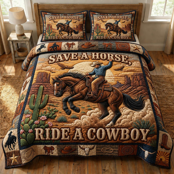 Western Cowboy quilted 3-piece bedding set on a made bed in a rustic timber bedroom