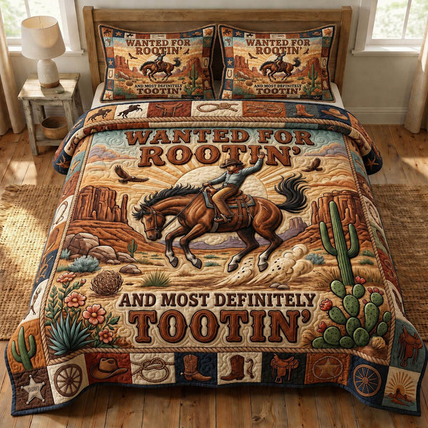 Western Cowboy quilted 3-piece bedding set on a made bed in a rustic timber bedroom