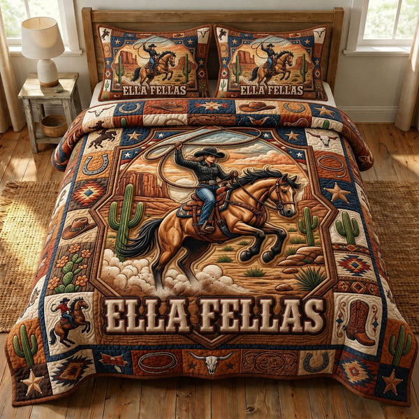 Western Cowboy quilted 3-piece bedding set on a made bed in a rustic timber bedroom