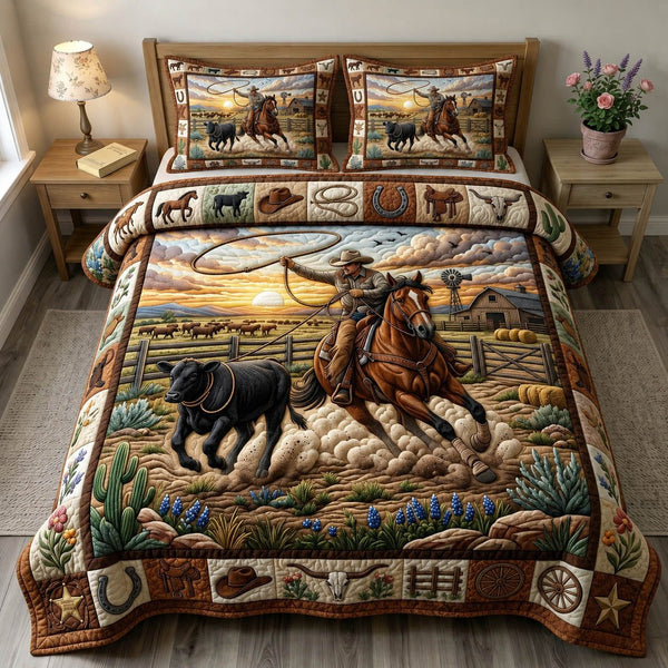 Western Cowboy quilted 3-piece bedding set on a made bed in a rustic timber bedroom