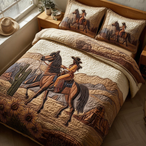 Western Cowgirl quilted 3-piece bedding set on a made bed in a rustic timber bedroom
