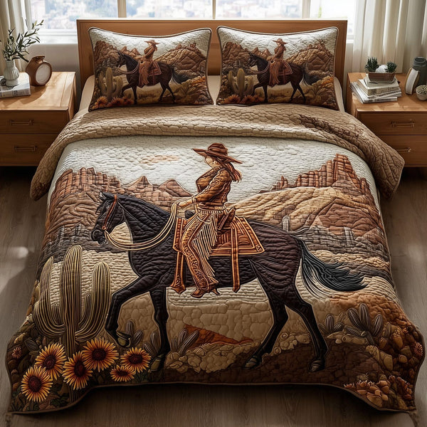 Western Cowgirl quilted 3-piece bedding set on a made bed in a rustic timber bedroom