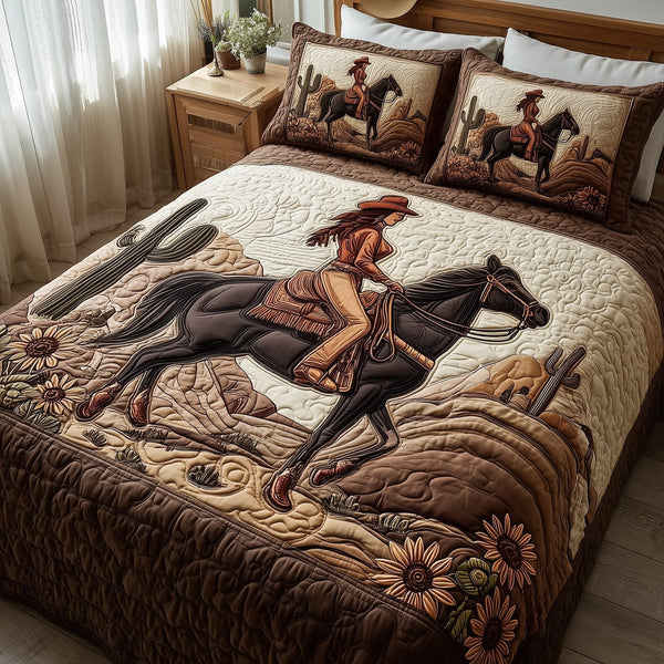 Western Cowgirl quilted 3-piece bedding set on a made bed in a rustic timber bedroom