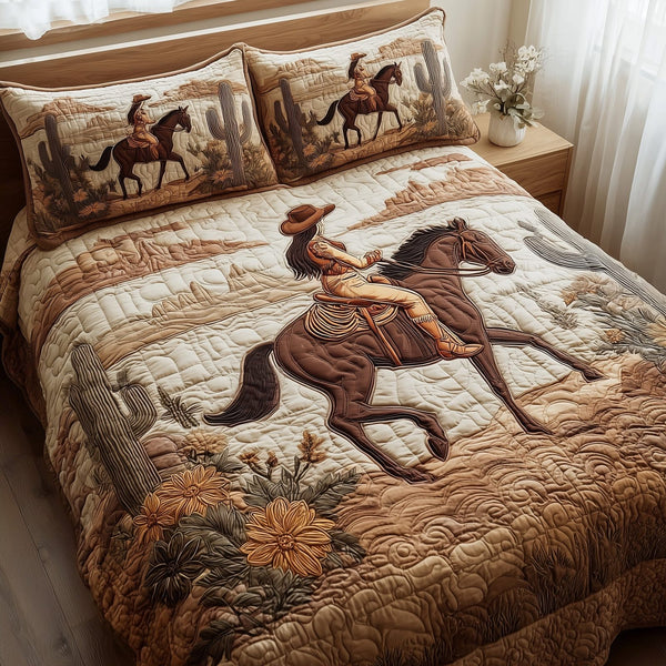 Western Cowgirl quilted 3-piece bedding set on a made bed in a rustic timber bedroom