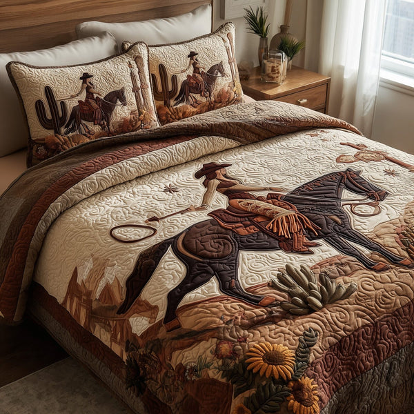 Western Cowgirl quilted 3-piece bedding set on a made bed in a rustic timber bedroom