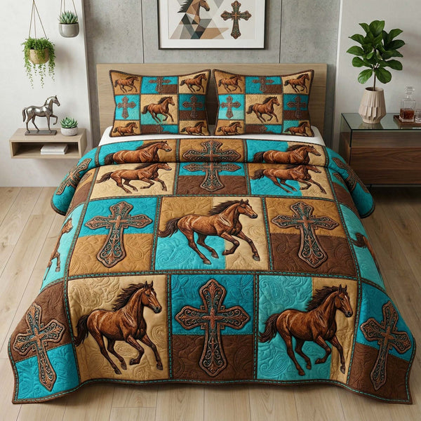 Western Cross quilted 3-piece bedding set on a made bed in a softly lit bedroom