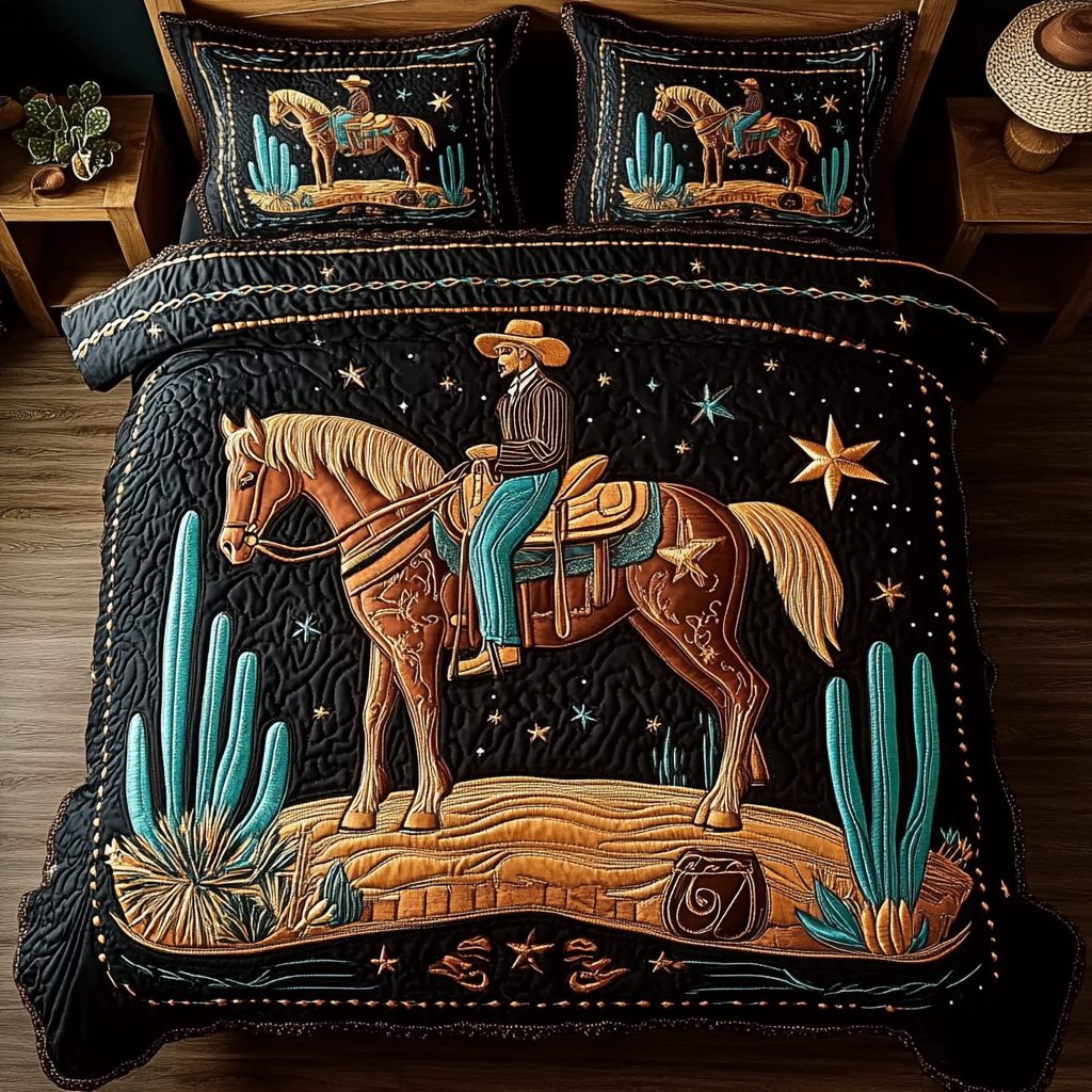 Western Dream quilted 3-piece bedding set on a made bed in a rustic timber bedroom