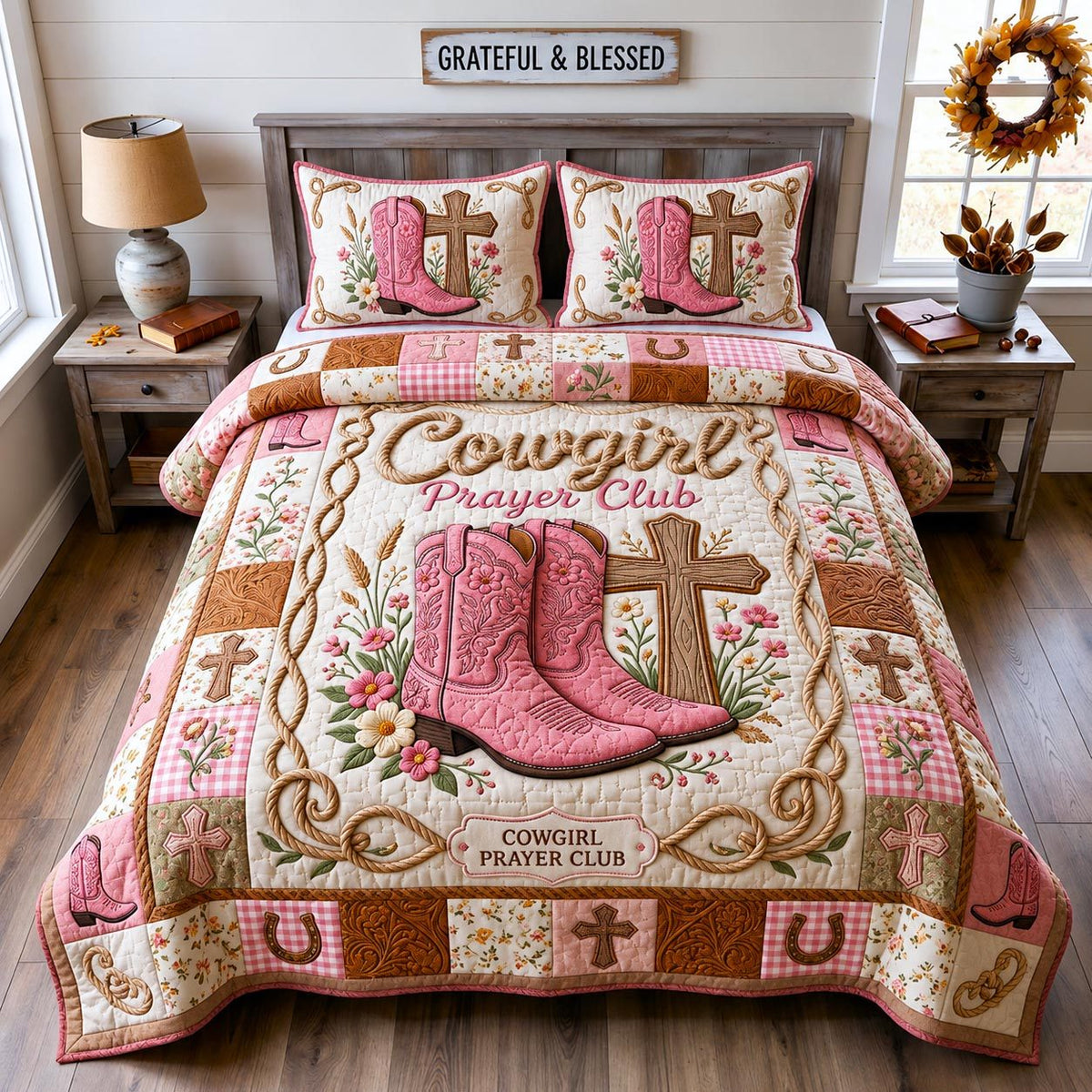 Western Faith quilted 3-piece bedding set on a made bed in a softly lit bedroom