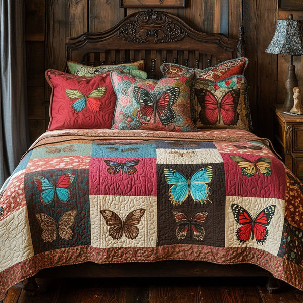Western Flight quilted 3-piece bedding set on a made bed in a rustic timber bedroom
