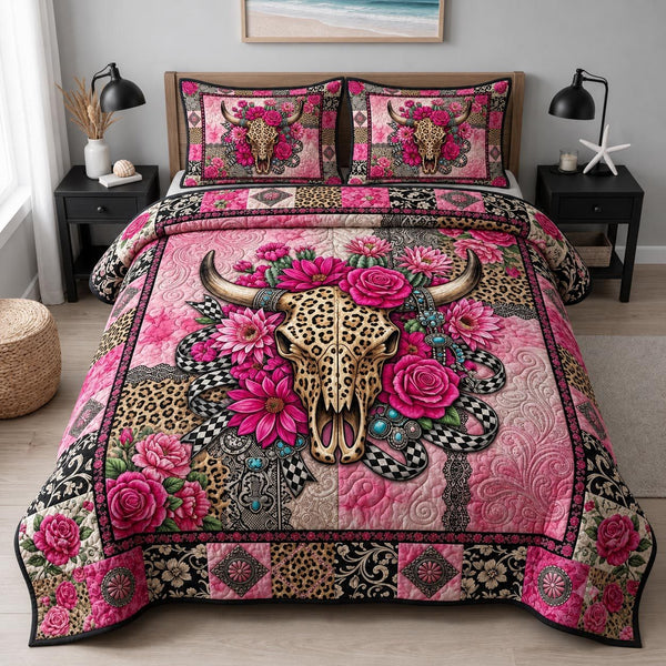 Western Glam quilted 3-piece bedding set on a made bed in a rustic timber bedroom
