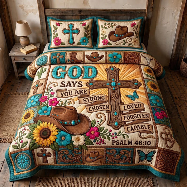 Western Grace quilted 3-piece bedding set on a made bed in a rustic timber bedroom