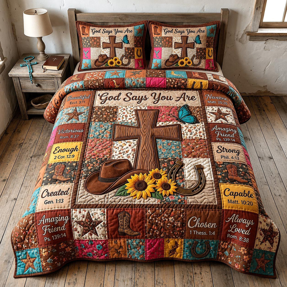Western Grace quilted 3-piece bedding set on a made bed in a rustic timber bedroom