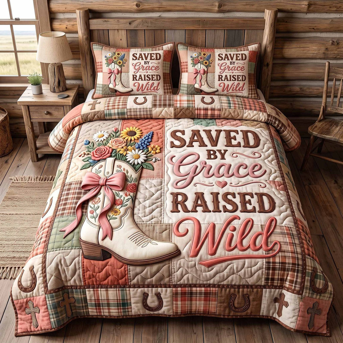 Western Grace quilted 3-piece bedding set on a made bed in a rustic timber bedroom
