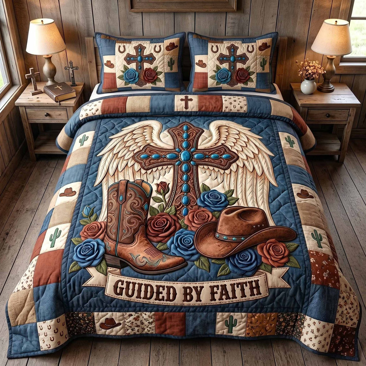 Western Grace quilted 3-piece bedding set on a made bed in a rustic timber bedroom