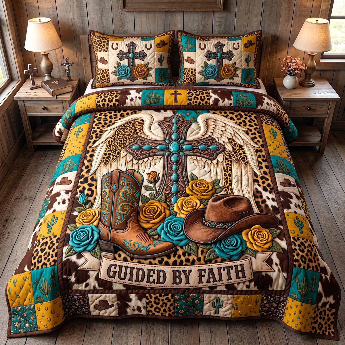 Western Grace quilted 3-piece bedding set on a made bed in a rustic timber bedroom