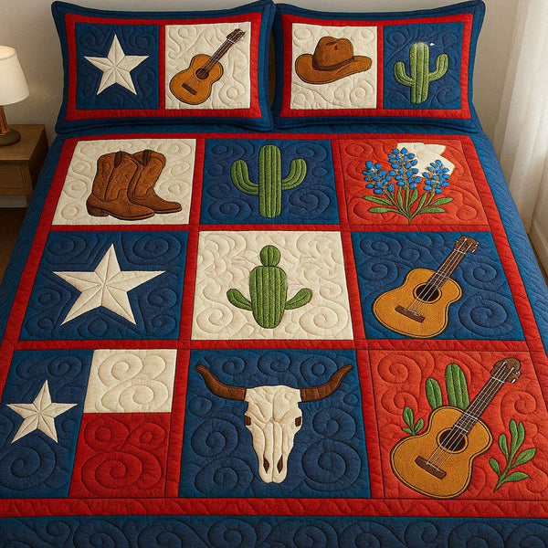 Western Harmony quilted 3-piece bedding set on a made bed in a rustic timber bedroom