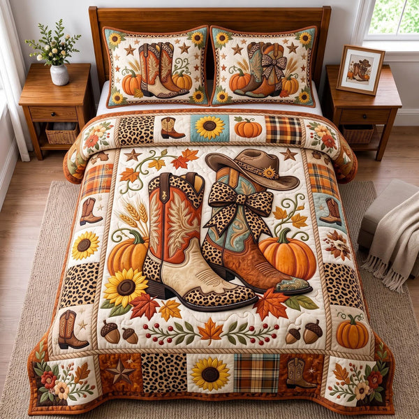 Western Harvest quilted 3-piece bedding set on a made bed in a rustic timber bedroom