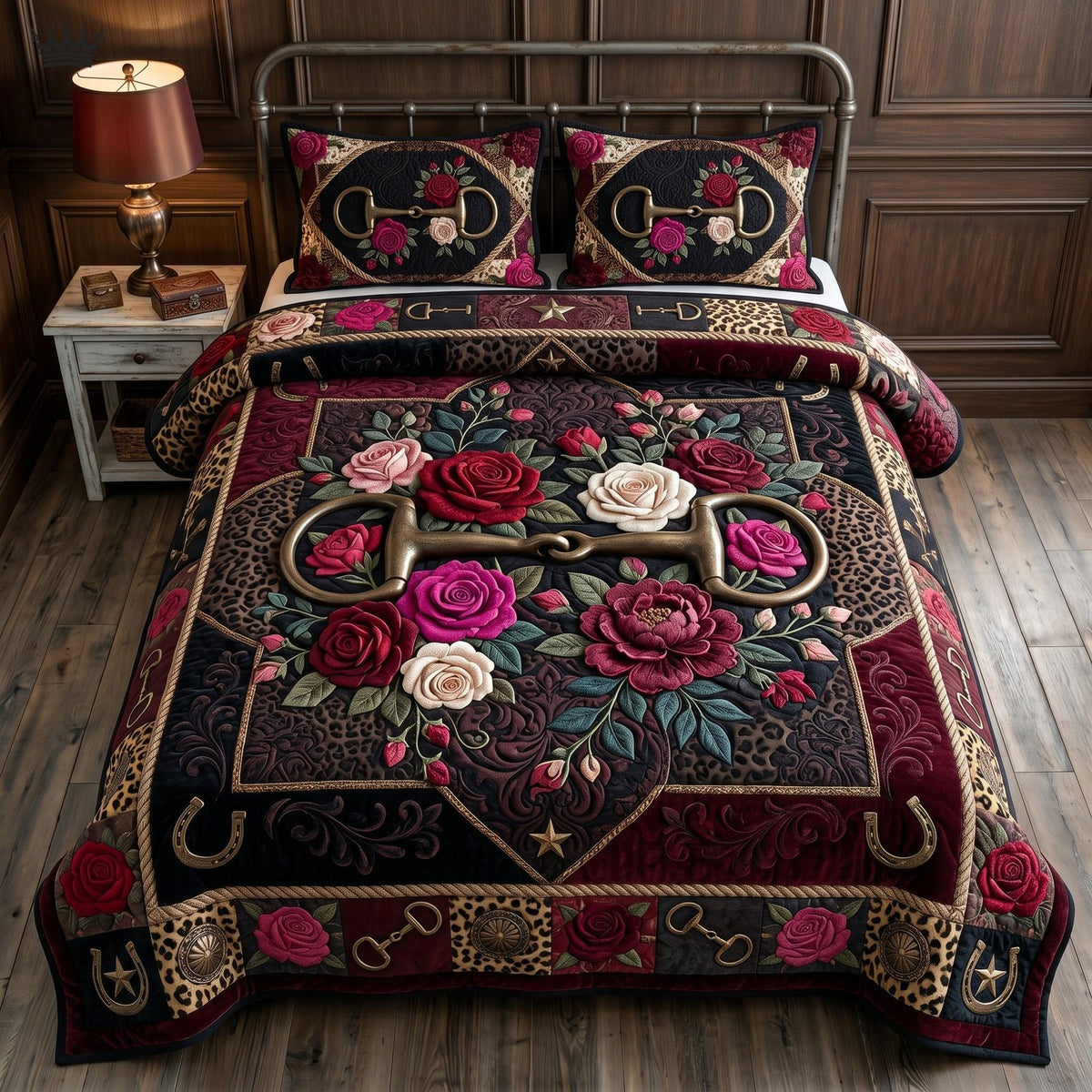 Western Heritage quilted 3-piece bedding set on a made bed in a rustic timber bedroom