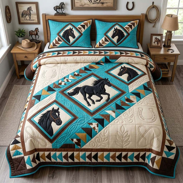 Western Horse Frames quilted 3-piece bedding set on a made bed in a rustic timber bedroom
