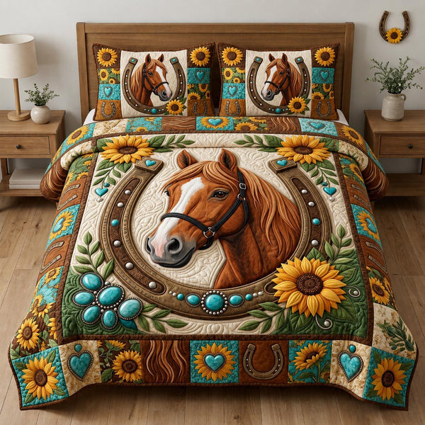 Western Horse Sunflower quilted 3-piece bedding set on a made bed in a rustic timber bedroom
