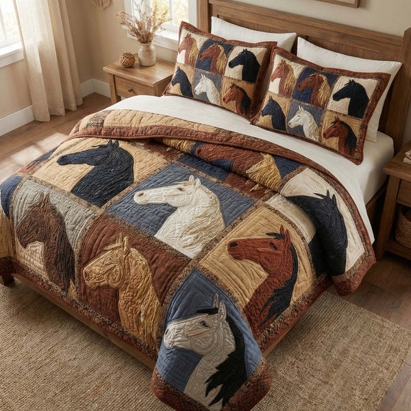Western Horses quilted 3-piece bedding set on a made bed in a rustic timber bedroom