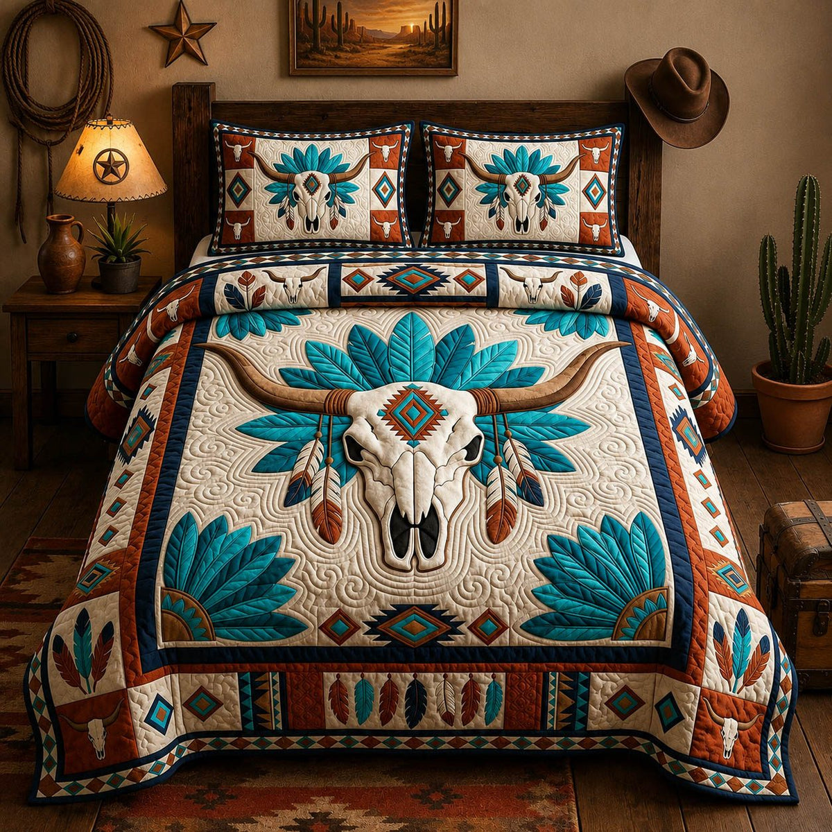 Western Longhorn quilted 3-piece bedding set on a made bed in a rustic timber bedroom