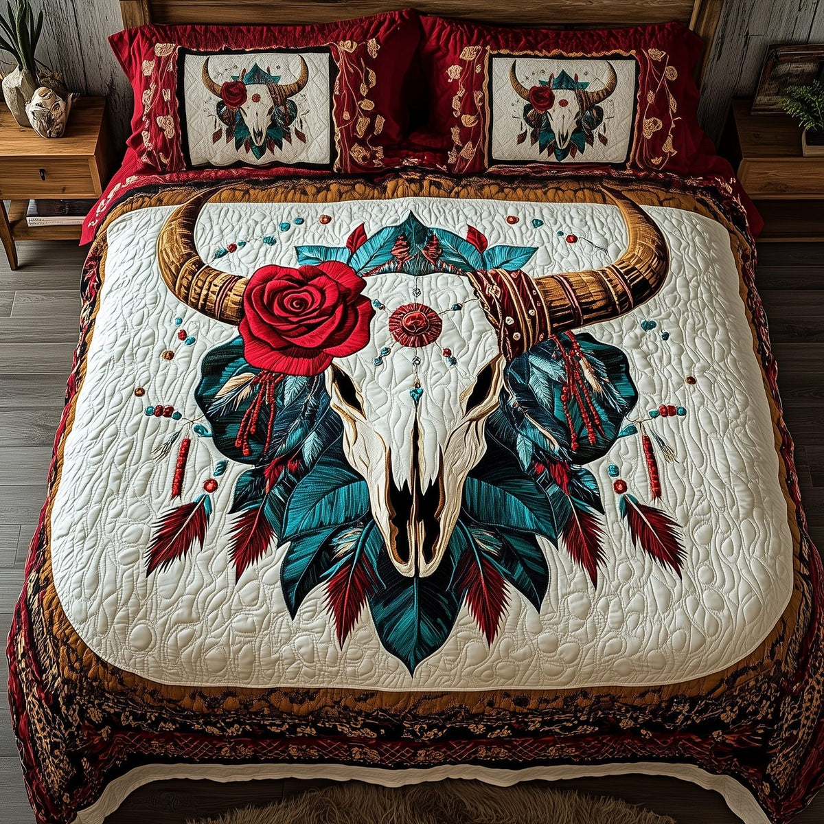 Western Longhorn Soul quilted 3-piece bedding set on a made bed in a rustic timber bedroom