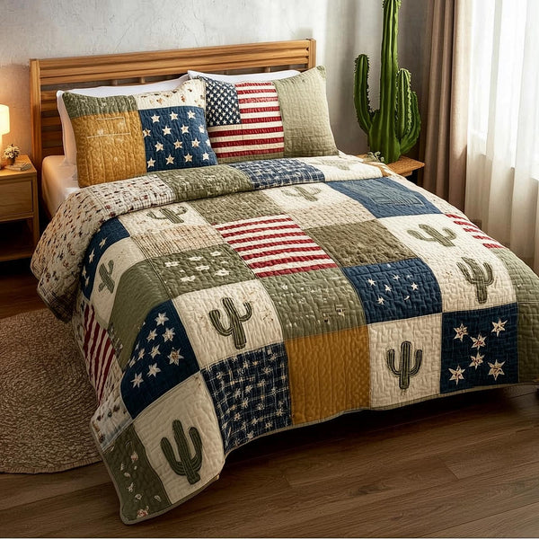 Western Patch quilted 3-piece bedding set on a made bed in a rustic timber bedroom