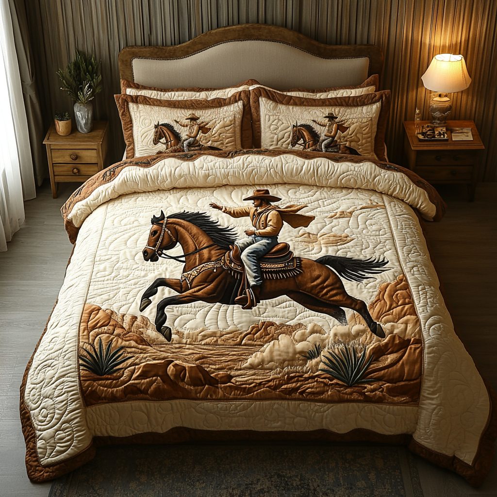 Western Path quilted 3-piece bedding set on a made bed in a rustic timber bedroom