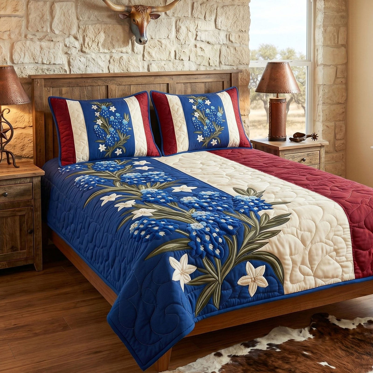 Western Pattern quilted 3-piece bedding set on a made bed in a rustic timber bedroom