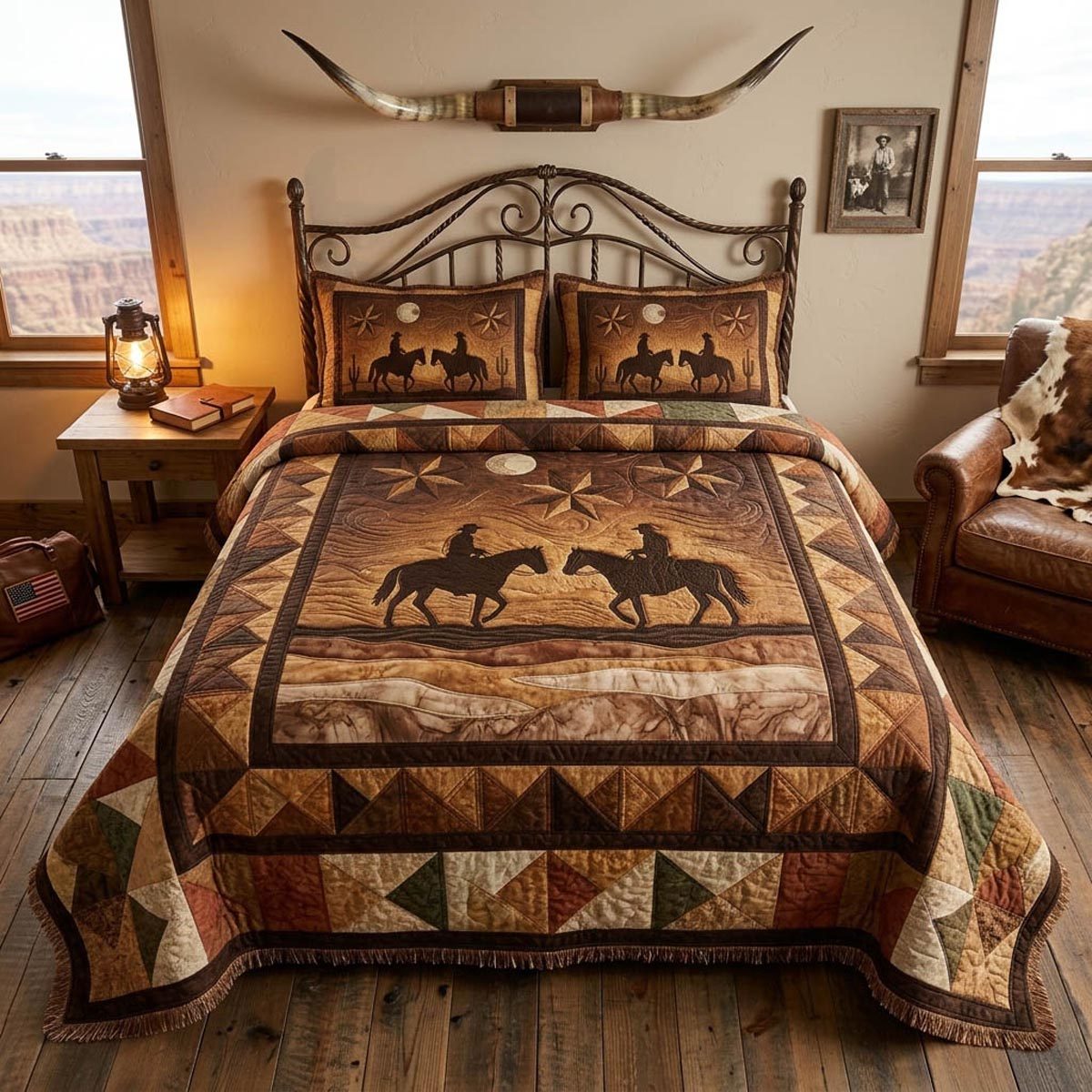 Western Pride quilted 3-piece bedding set on a made bed in a rustic timber bedroom