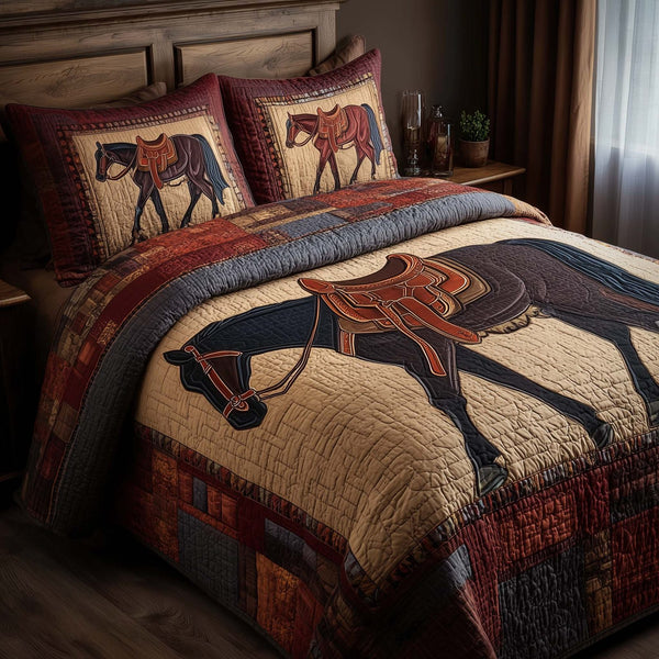Western Saddle quilted 3-piece bedding set on a made bed in a rustic timber bedroom