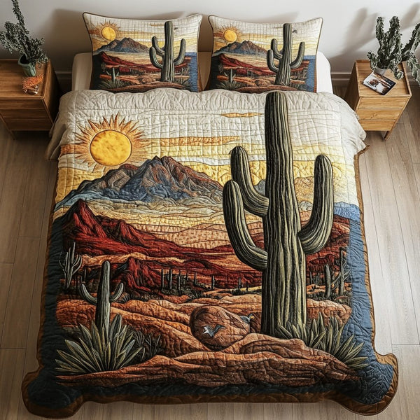 Western Skies quilted 3-piece bedding set on a made bed in a rustic timber bedroom