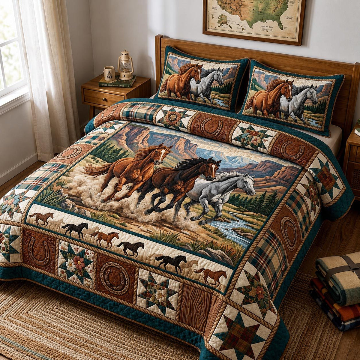 Western Soul quilted 3-piece bedding set on a made bed in a rustic timber bedroom