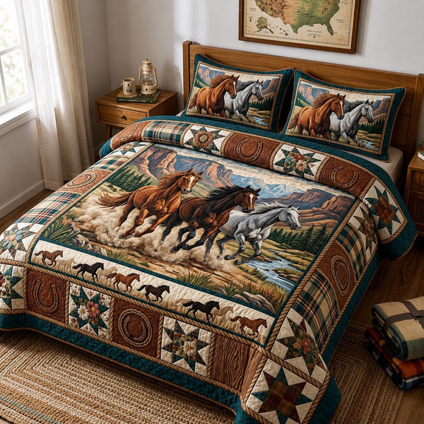 Western Soul quilted 3-piece bedding set on a made bed in a rustic timber bedroom