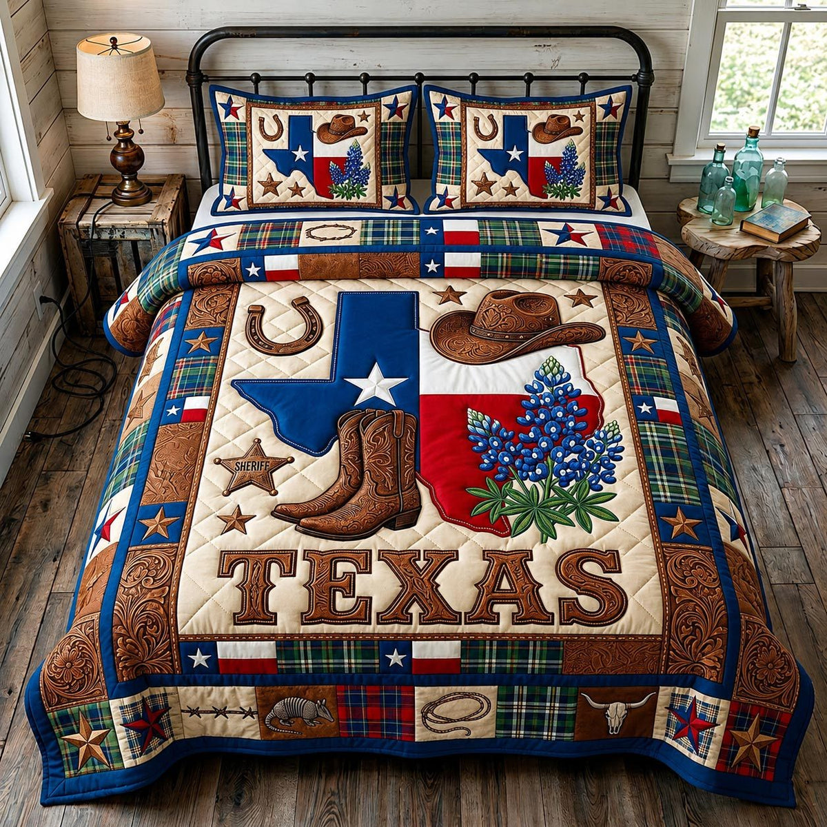 Western Soul quilted 3-piece bedding set on a made bed in a rustic timber bedroom