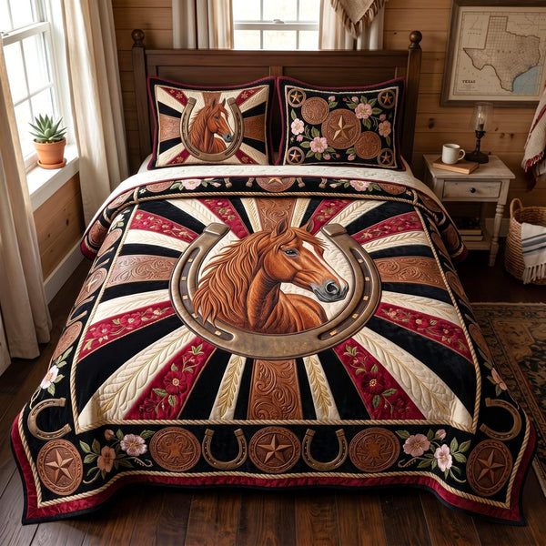 Western Soul quilted 3-piece bedding set on a made bed in a rustic timber bedroom