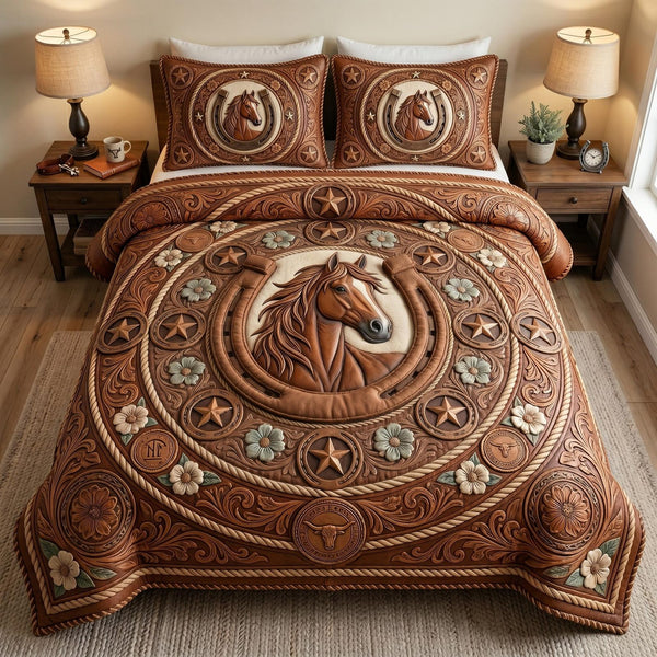 Western Soul quilted 3-piece bedding set on a made bed in a rustic timber bedroom